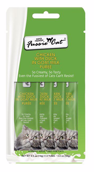 FUSSIE CAT CHICKEN WITH DUCK IN GOATS MILK PUREE 4pk 0.5oz Single Serve Tubes