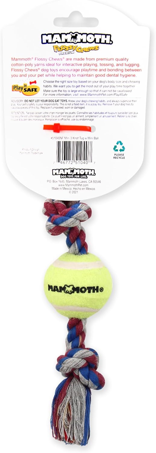 Mammoth Flossy Chews 3 Knot Tug Toy – Rope Dog Toy with Ball for Small Dogs - Mini 11”