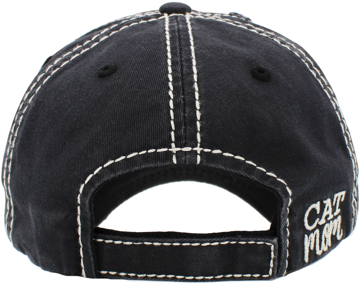 Cat Mom Washed Vintage Ballcap BLACK