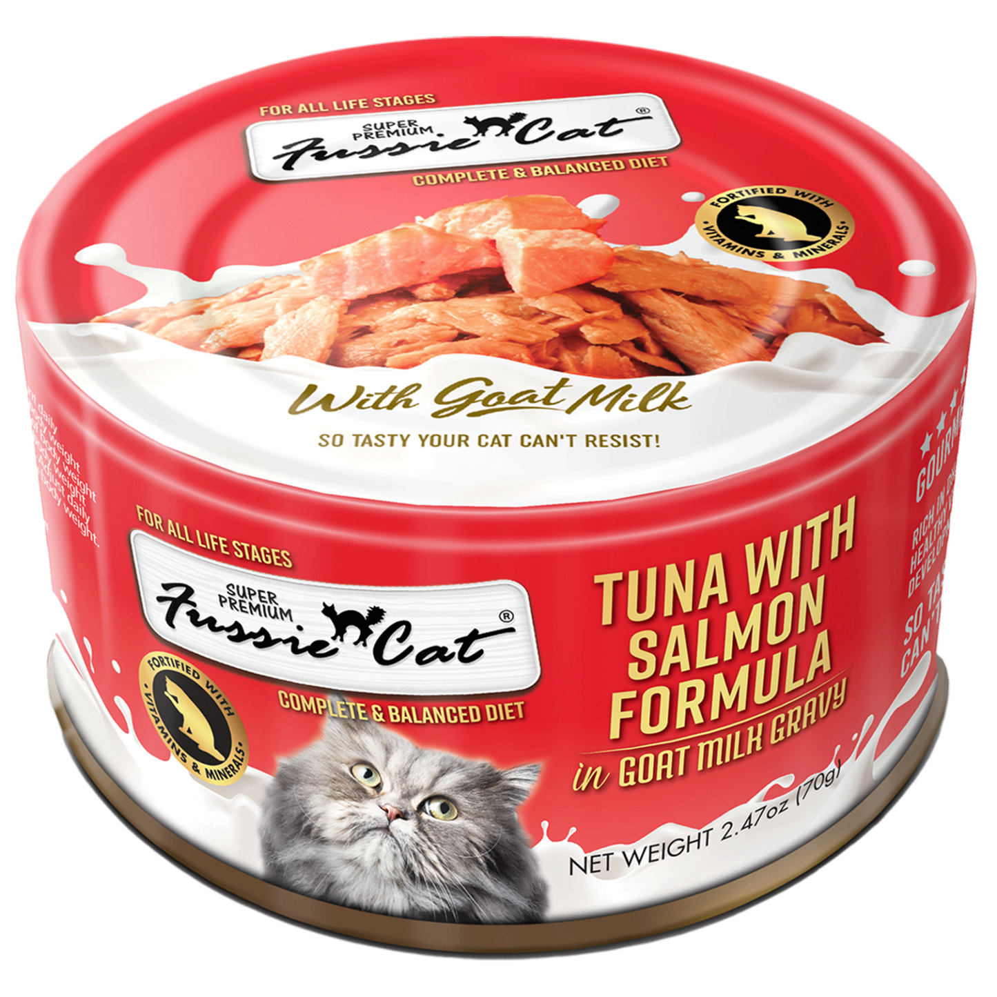 Fussie Cat Premium Tuna with Salmon in Goat Milk Gravy 2.47oz