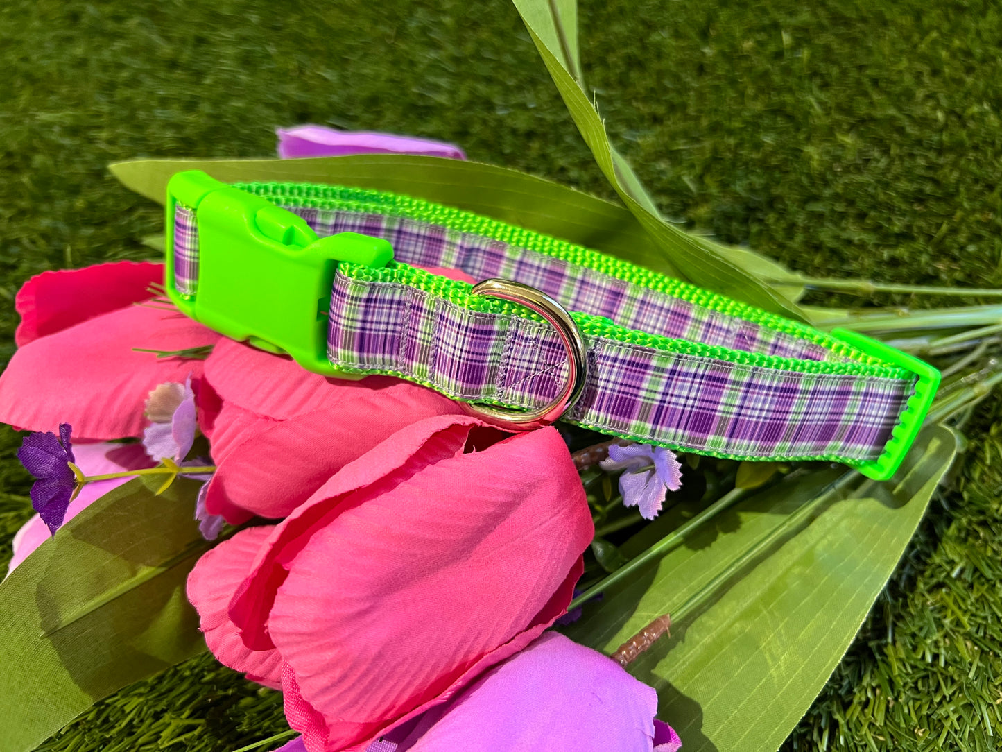 Trendies Green Purple Plaid Dog Collar