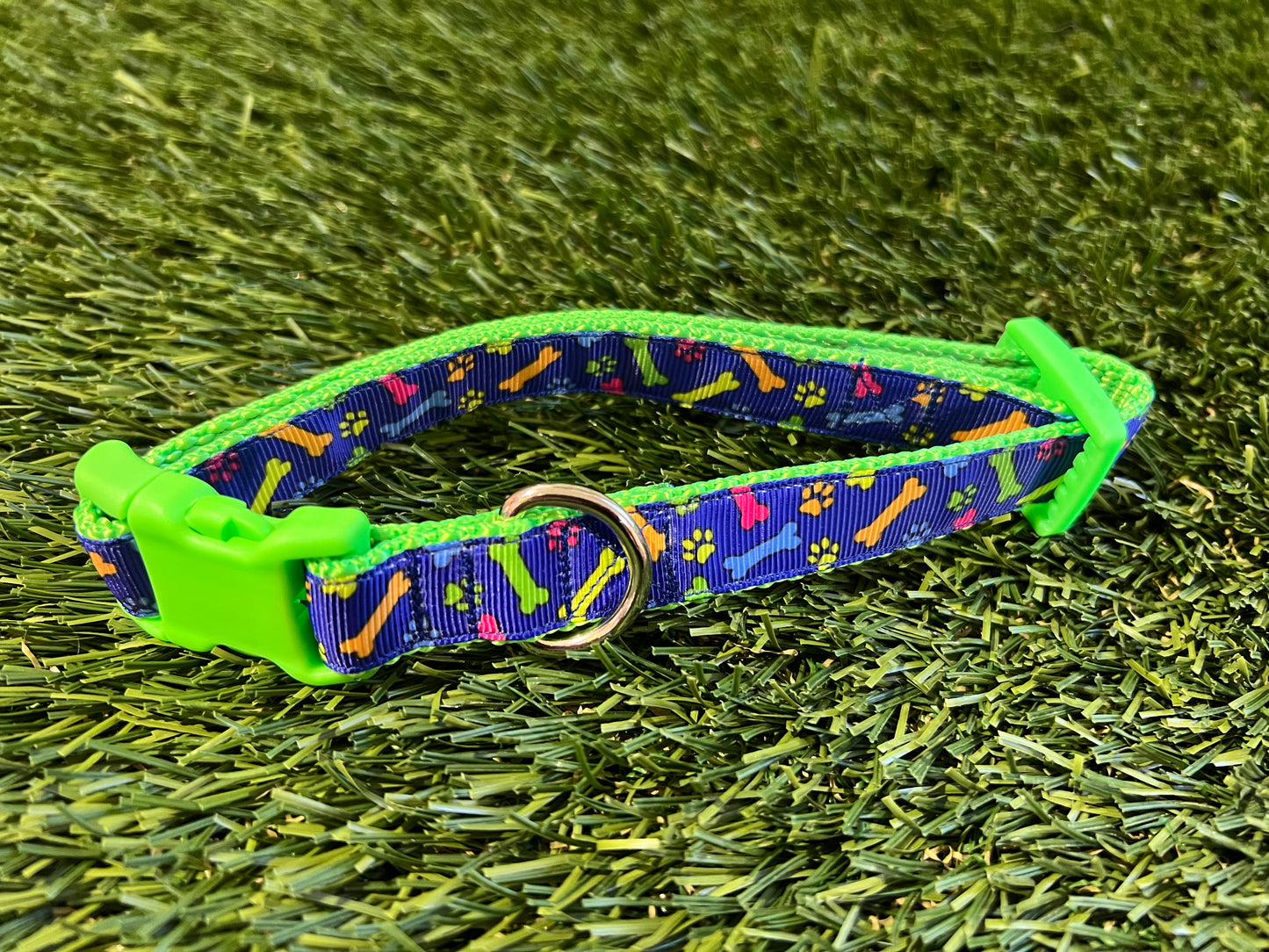 Trendies Green Blue with Multi Color Bones & Paws Dog Collar