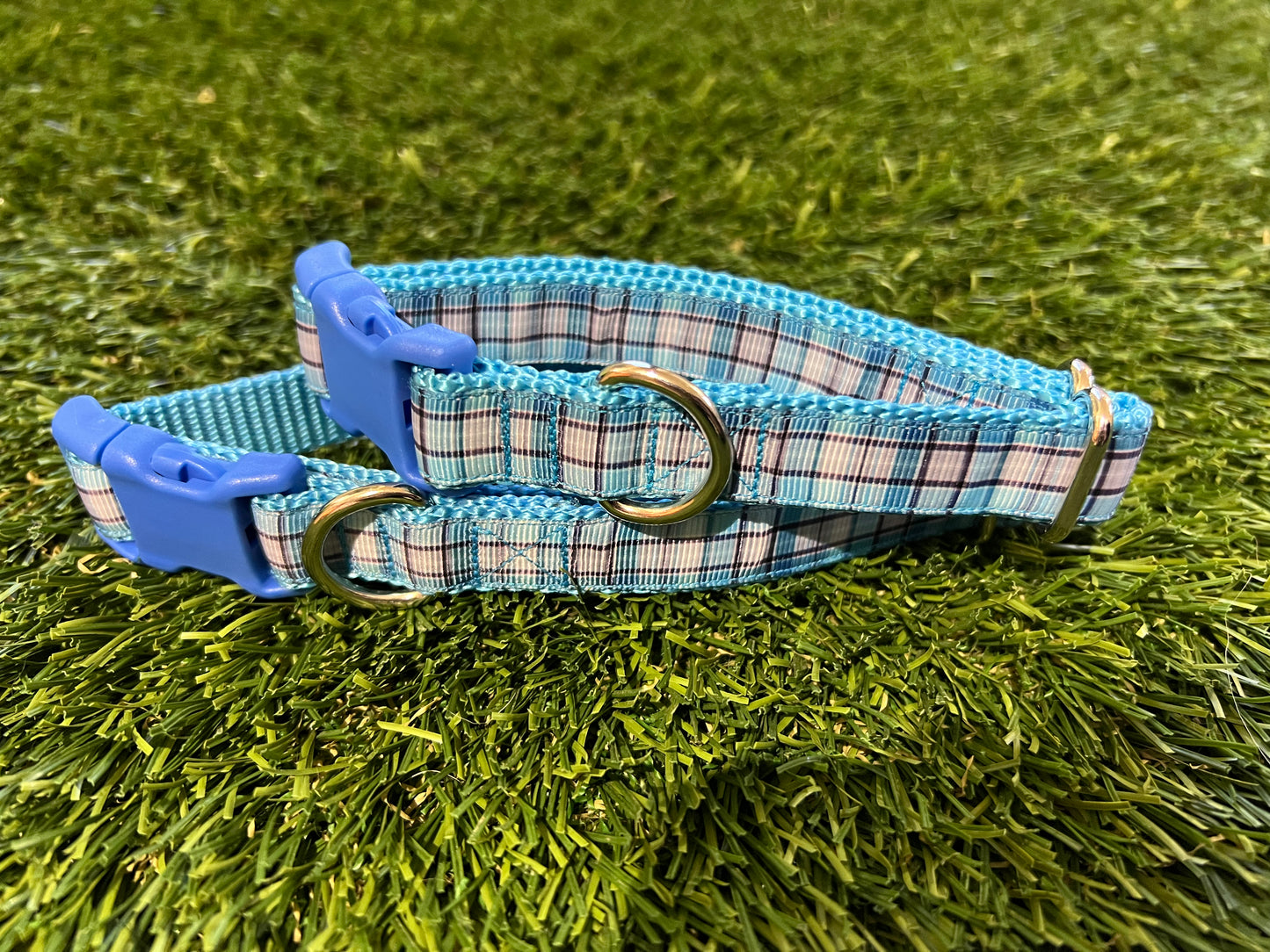 Trendies Blue Grey Plaid Dog Collar
