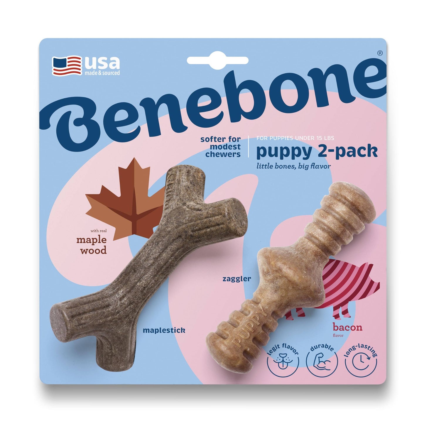 Benebone Puppy Pack Bacon Zaggler & Maple Wood Stick for puppies under 15#