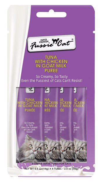 FUSSIE CAT TUNA WITH CHICKEN IN GOATS MILK PUREE  4pk   0.5oz Single Serve Tubes