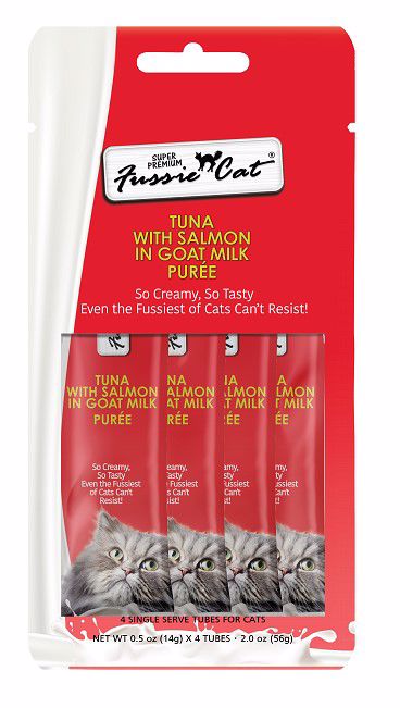 FUSSIE CAT TUNA WITH SALMON  IN GOATS MILK PUREE  4pk   0.5oz Single Serve Tubes