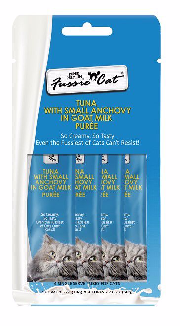 FUSSIE CAT TUNA WITH SMALL ANCHOVY  IN GOATS MILK PUREE  4pk   0.5oz Single Serve Tubes