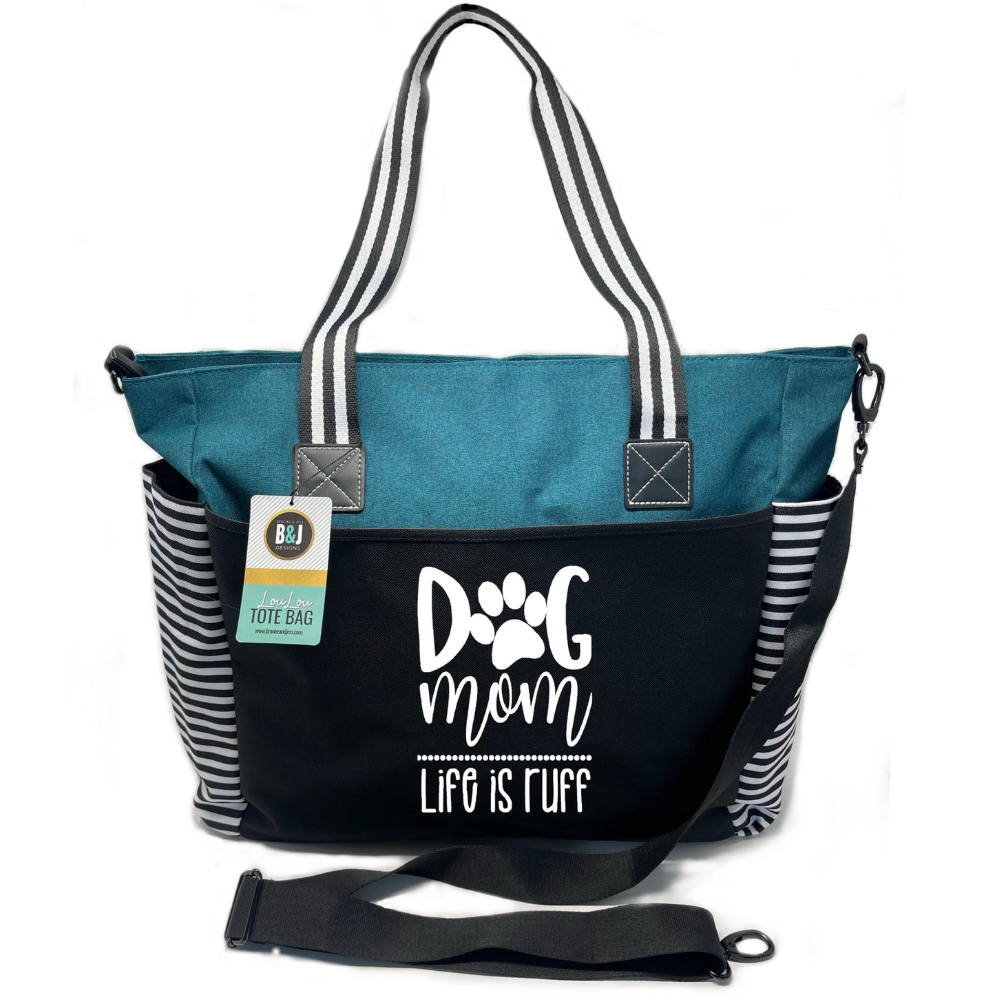 Dog Mom Tote Bag Teal with Stripes LouLou