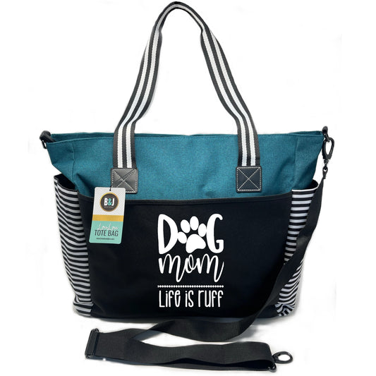Dog Mom Tote Bag Teal with Stripes LouLou