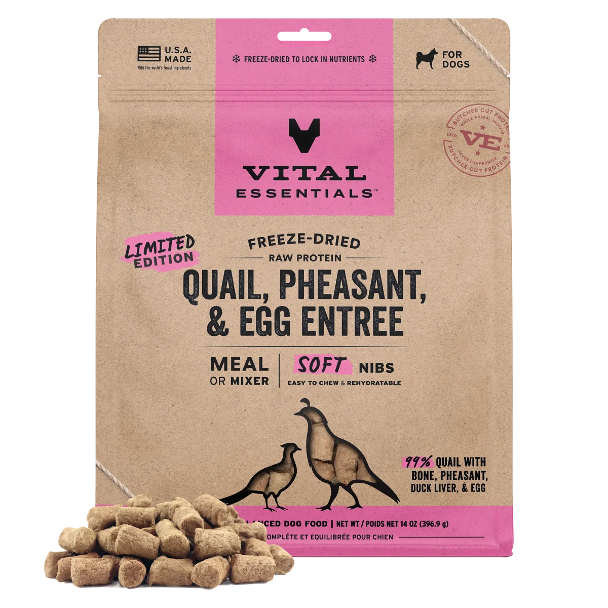 Soft Nibs Freeze Dried Mixer for Dogs QUAIL, PHEASANT & EGG 14oz -Limited Edition