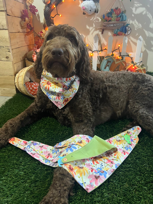 "Spring Flowers"  Handmade Bandana (Reversible - Snap)