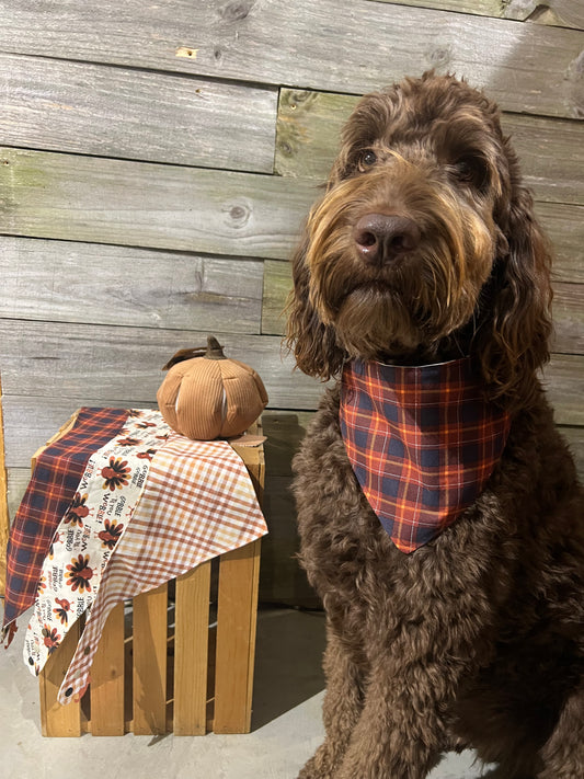 "Fall / Thanksgiving Dark Plaid"  Handmade Bandana (Reversible - Snap)