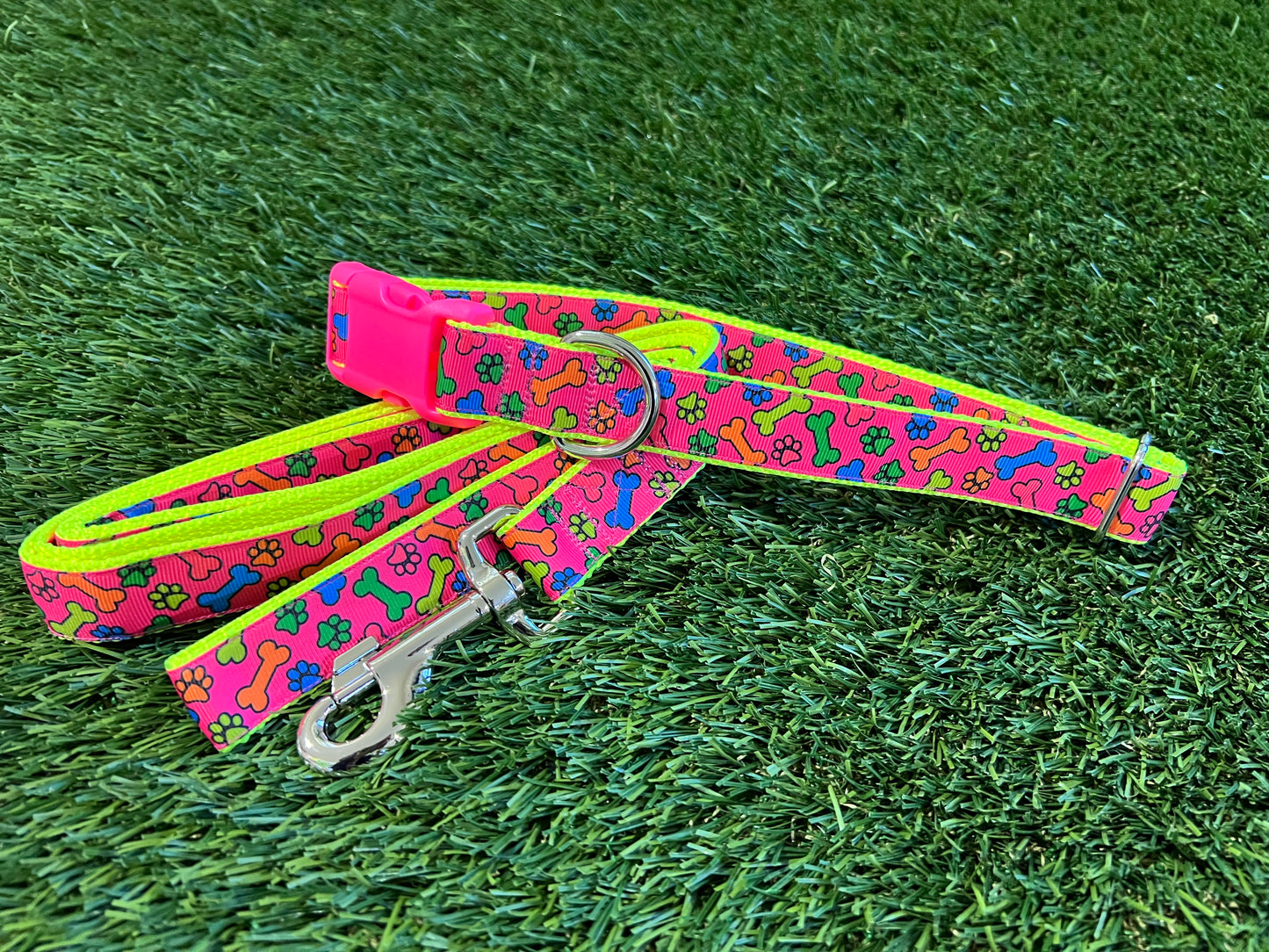 Trendies Neon Bone & Paws Dog Collar/Leash