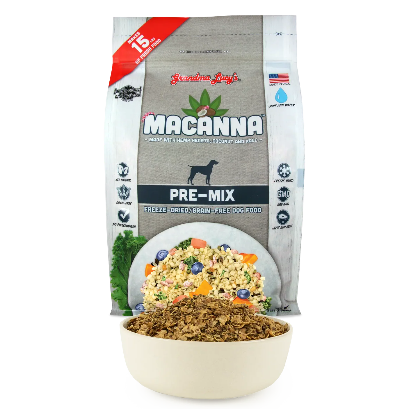 Macanna Pre-Mix Freeze Dried Dog Food (Just Add Meat-Makes 15 lbs of Food)