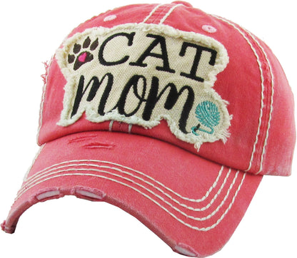 Cat Mom Washed Vintage Ballcap HOT PINK